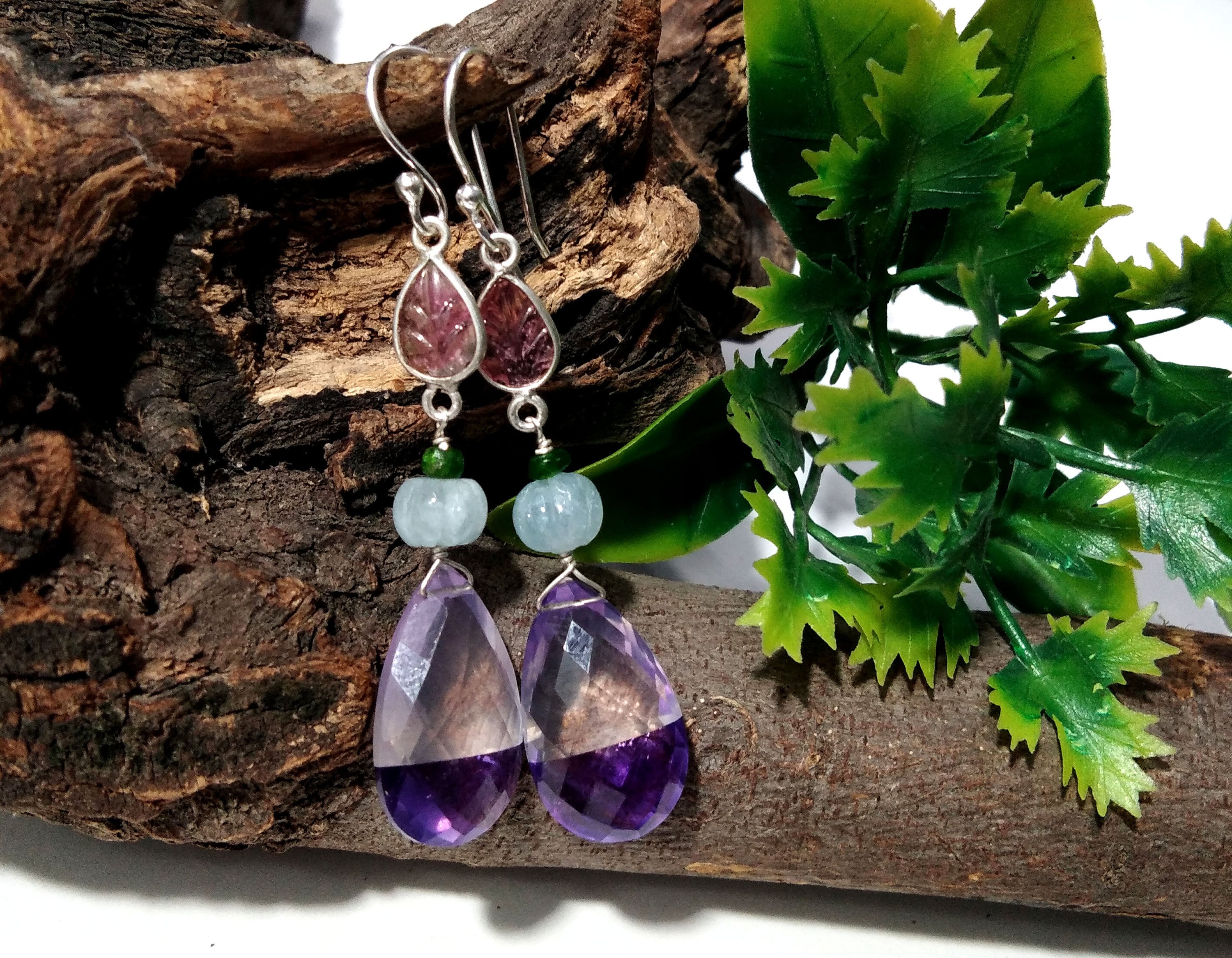 Amazing Natural Doublet Light & Dark Amethyst, Aquamarine, Tourmaline Mix Gemstone Earring, 925 Sterling Silver Jewelry For Girls/Women Gift